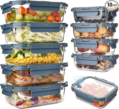 Liuruiyu 10 Pack Glass Food Storage Containers with Glass Lids, Airtight Meal Prep Containers, Leak-Proof Bento Boxes for Microwave, Oven, Freezer & Dishwasher, BPA-Free