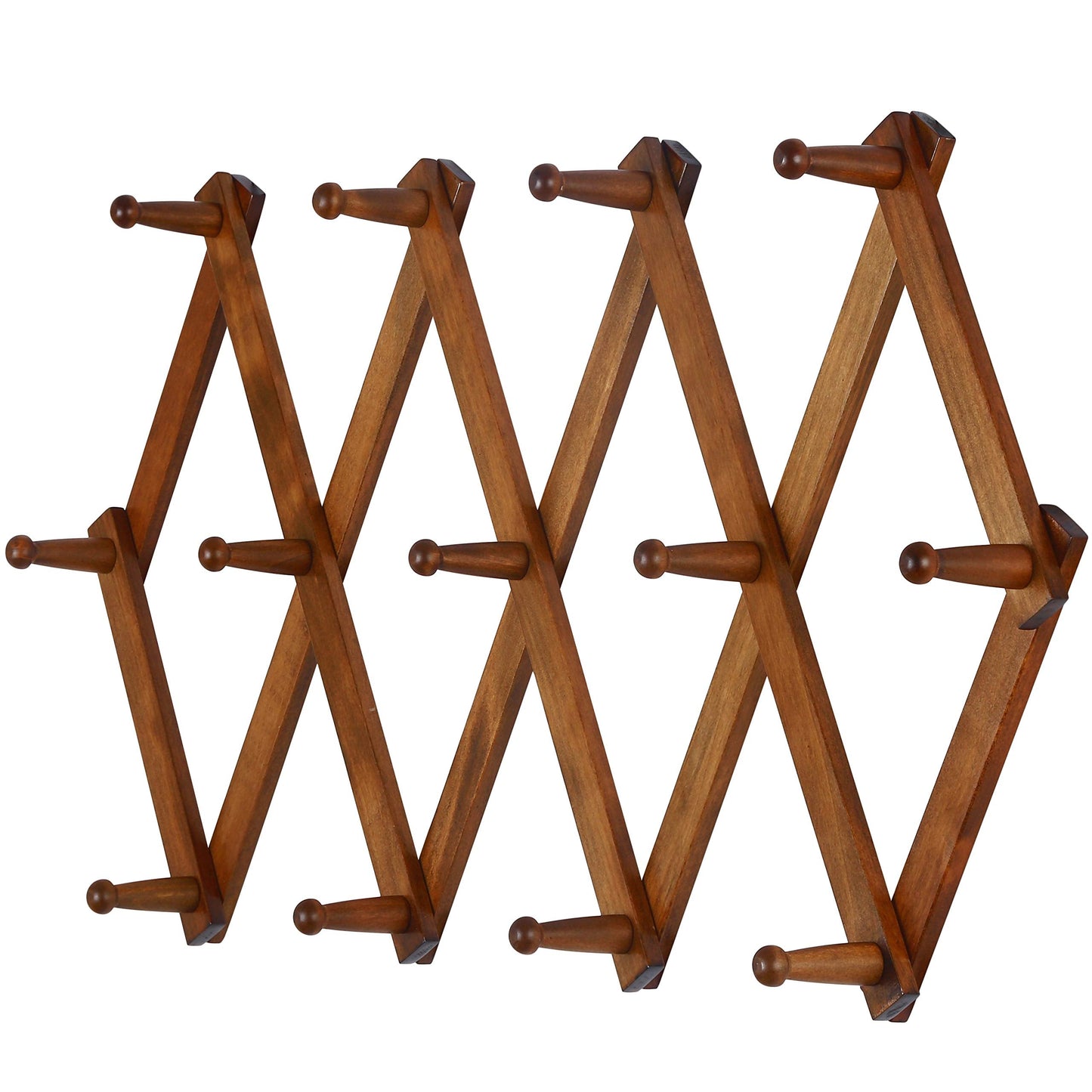 Dseap Accordian Wall Hanger: 16” High Wooden Wall Expandable Coat Rack, Hat Rack Holder, Accordion Hook for Baseball Caps, Coats, Mugs, 13 Peg Hooks, Brown