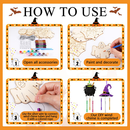 JellyArch 30 Pack Halloween Wind Chime Making Kit for Adults Make Your Own Halloween Wind Chime Ghost Pumpkin Bats DIY Crafts Wooden Ornaments for Activity Birthday Decoration