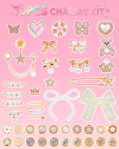LovelyMoon 70Pcs Junk Socks Charms Kit with Letter Beads, Gold Charm for Socks and Sneakers, Brooches and Pins for Women, Charms for Sock Safety Pin, Junk Charm with Pearl, Rhinestone