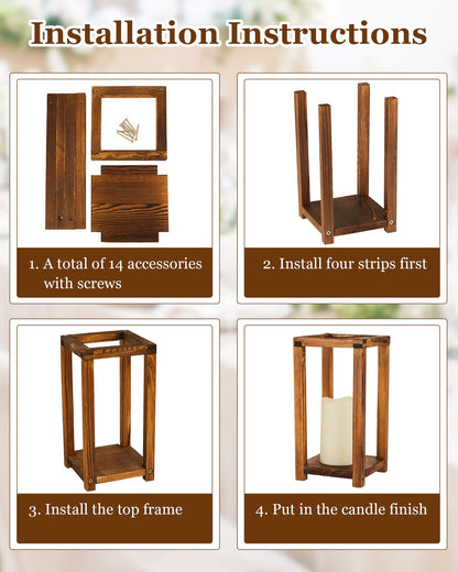 Huquary 8 Pcs Wooden Wedding Lantern Centerpiece for Table Decoration Includes 4 Farmhouse Candle Holder and 4 Flameless Decorative LED Candles for Rustic Home Wedding Decor(Dark Brown)