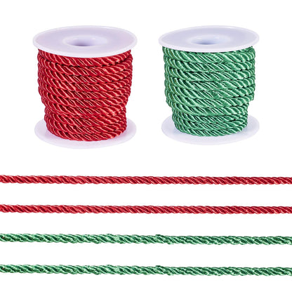Beadthoven 2 Rolls/8.74 Yards 5mm Christmas Braided Cord Red Green 3-Ply Shiny Polyester Twisted Twine Cord Rope Decorative Thread Strings for DIY Bracelets Necklace Upholstery Curtain Home Decoration