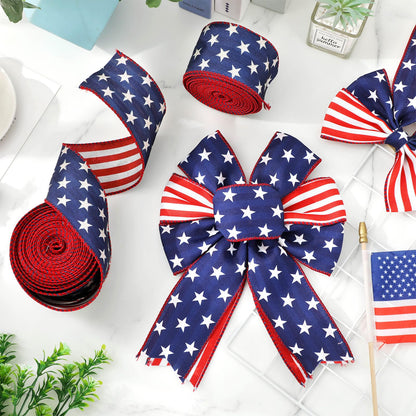 JarThenaAMCS 2 Rolls Patriotic Wired Edge Ribbon Double Sided 4th of July Red White Blue Star Stripe Fabric Ribbon for Independence Memorial Day Gift Wreath Bow Craft Wrapping Party Decor, 20 Yard