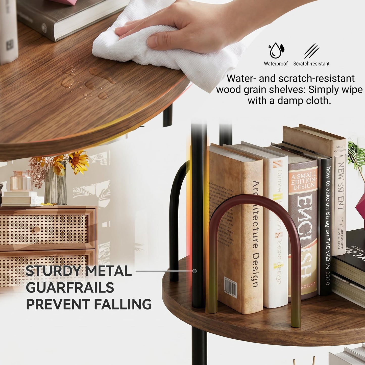 5 Tier Rotating Bookshelf, Corner Wooden, Metal Skinny Bookshelf for Toy Lego Dispaly Book Shelf Room Storage Organizer Furniture Black Tall Bookcase for Bedroom Living Room Office Kitchen Shelf