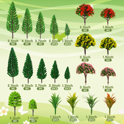 MOMOONNON 32pcs Model Trees 1.1-5.1inch Mixed Diorama Model Tree Colourful Flower Trees Grass Architecture Mini Trees for Crafts Building Model Railway Scenery Landscape Supplies (Style 01)