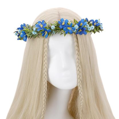 KorViSHOW Fairy Blue Flower Crown, Artificial Boho Floral Headpiece, Elf Forest Flower Headband with Ribbon for Women Girls Renaissance Faire Cosplay Birthday Wedding Festival Party Hair Accessory