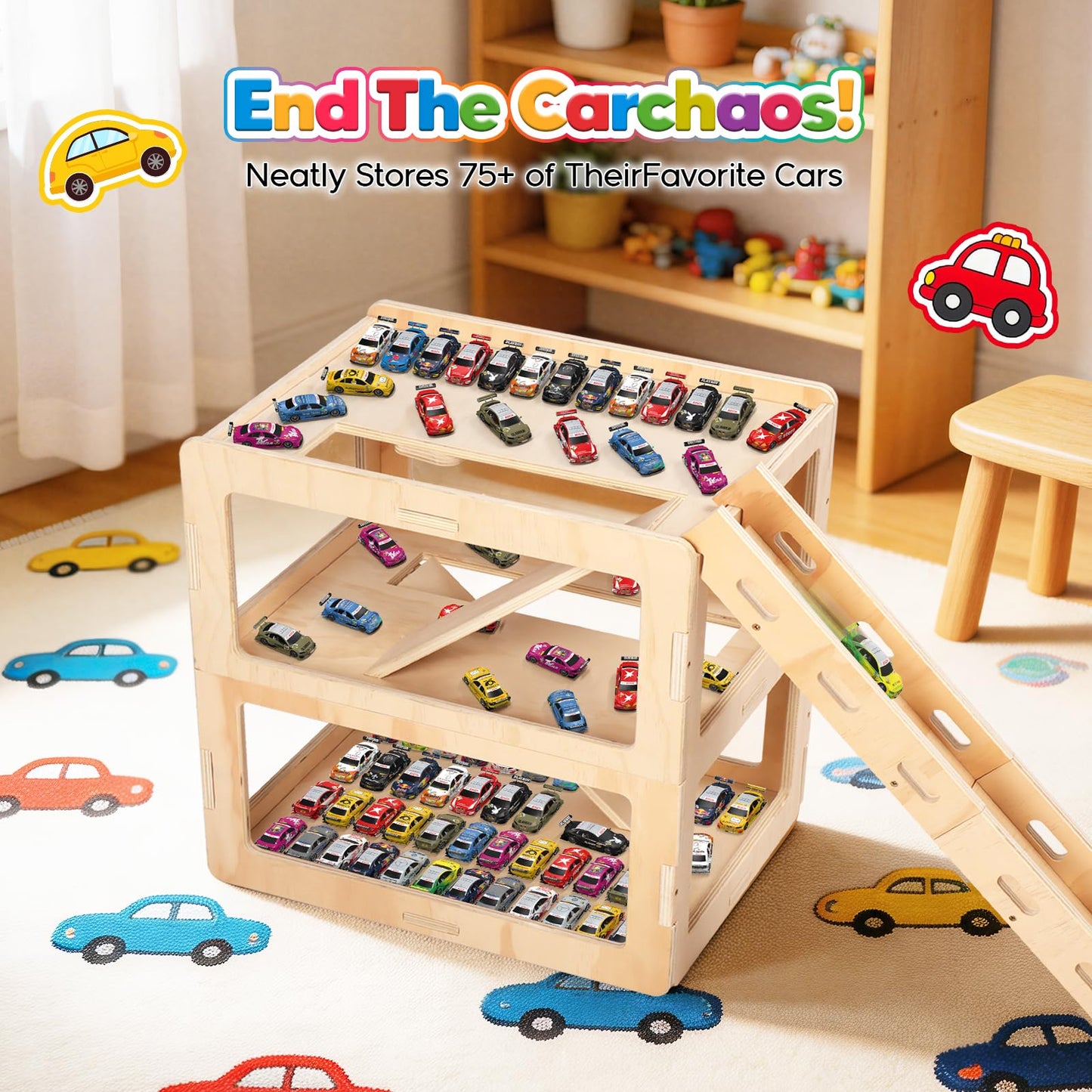 Essenhome Wooden Toy Car Display Case Compatible with Hot Wheels & Matchbox, 1/64 Scale Parking Garage Storage with Foldable Racing Ramp, Easy Pin-Style Assembly Shelf for Kids Room Decor (Large)