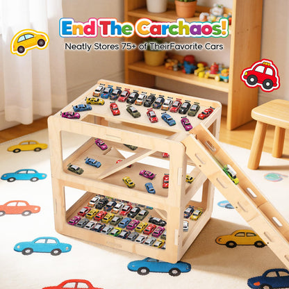 Essenhome Wooden Toy Car Display Case Compatible with Hot Wheels & Matchbox, 1/64 Scale Parking Garage Storage with Foldable Racing Ramp, Easy Pin-Style Assembly Shelf for Kids Room Decor (Large)