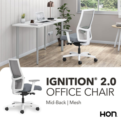 HON Ignition 2.0 Ergonomic Mesh Office Chair, Mid-Back, Synchro-Tilt, Home Office Desk Chairs, Basalt Seat Fabric, Fog Mesh, White Frame, Titanium Grey Adjustable Lumbar