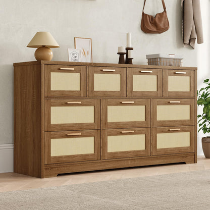 GarveeLife 10 Drawer Dresser for Bedroom, 59 in Farmhouse Rattan Dressers & Chests of Drawers, Wooden Storage Organizer with Anti-Tipping Device for Living Room, Hallway, Entryway, Natural