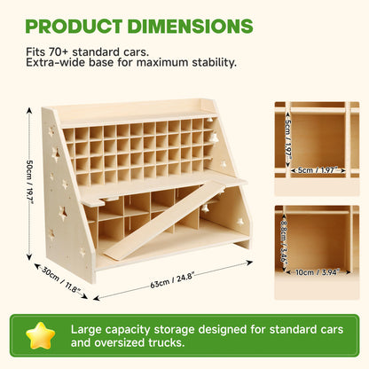 Essenhome Wooden Toy Car Garage Storage Organizer - 70+ Car Display Shelf with Foldable Racing Ramp, Dual-Layer Storage for Large Trucks & Small Cars, High-Density Plywood Nursery Furniture for Kids