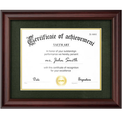 Yaetm 11x14 Diploma Frame, Certificate Frame with Tempered Glass, Display 8.5x11 Document with Dark Green Over Gold Acid-free Mat or 11 x 14 without Mat, Wide Molding (Single, Mahogany/Green)