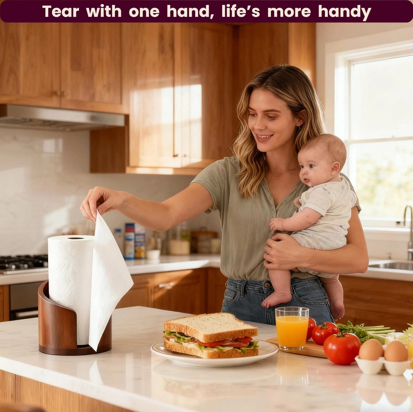 Wooden Paper Towel Holder Countertop-Easy One-Hand Tear, Made of Natural Wood and Metal Luster Rack, Suitable for Kitchen and Bathroom use of Each Table. (Brown)