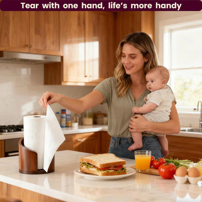 Wooden Paper Towel Holder Countertop-Easy One-Hand Tear, Made of Natural Wood and Metal Luster Rack, Suitable for Kitchen and Bathroom use of Each Table. (Brown)
