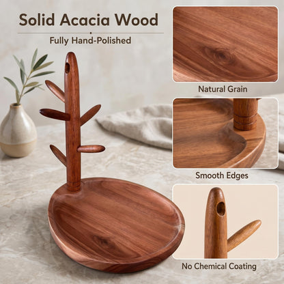 LEASUR Solid Acacia Key Tray for Entryway Table, Key Holder with 5 Hooks and Catchall Tray, Organizer for Wallet, Watch, Jewelry, Dresser Nightstand Room Decor Gift