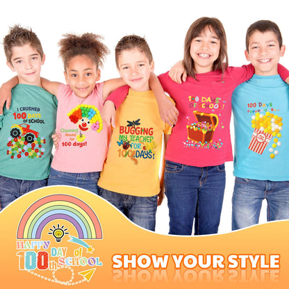 Glenmal 6 Sets DIY 100th Day of School Iron on Decals, Craft Kit with Patches Pompoms Buttons Gem Stickers Realistic Insects Popcorn Clown Heat Transfer Stickers for School Party DIY Clothing Bag