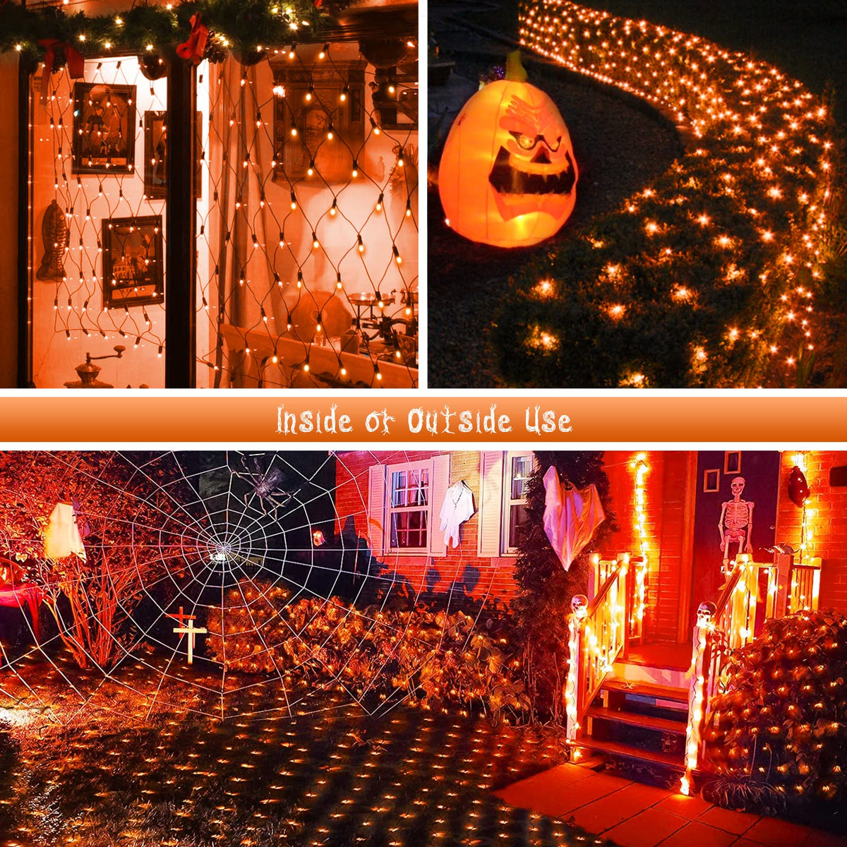 JMEXSUSS Orange Solar Halloween Lights Outdoor, 320 LED 9.8ft x 6.6ft Solar Net Lights Outdoor Waterproof, Solar Lights with 8 Modes Remote for Halloween Decorations
