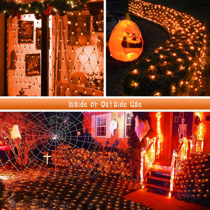 JMEXSUSS Orange Solar Halloween Lights Outdoor, 320 LED 9.8ft x 6.6ft Solar Net Lights Outdoor Waterproof, Solar Lights with 8 Modes Remote for Halloween Decorations