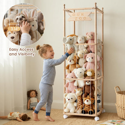Ostutry Stuffed Animal Storage with Wheels - Wood Stuffed Animals Organizer Holder Zoo Large Capacity Plush Toy Cage with Elastic Band for Playroom, Bedroom, Nursery