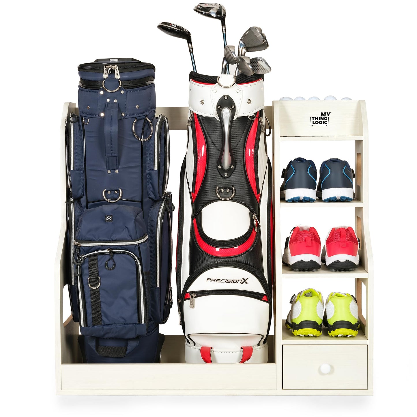 Mythinglogic Double Golf Bag Storage Rack for 2 Bags, Wooden Golf Organizer with Shoe Shelves, Ball Holder & Drawer, MDF Golf Equipment Storage Cabinet for Home, Garage or Simulator Room