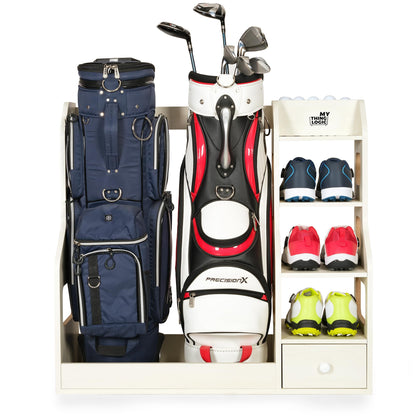 Mythinglogic Double Golf Bag Storage Rack for 2 Bags, Wooden Golf Organizer with Shoe Shelves, Ball Holder & Drawer, MDF Golf Equipment Storage Cabinet for Home, Garage or Simulator Room