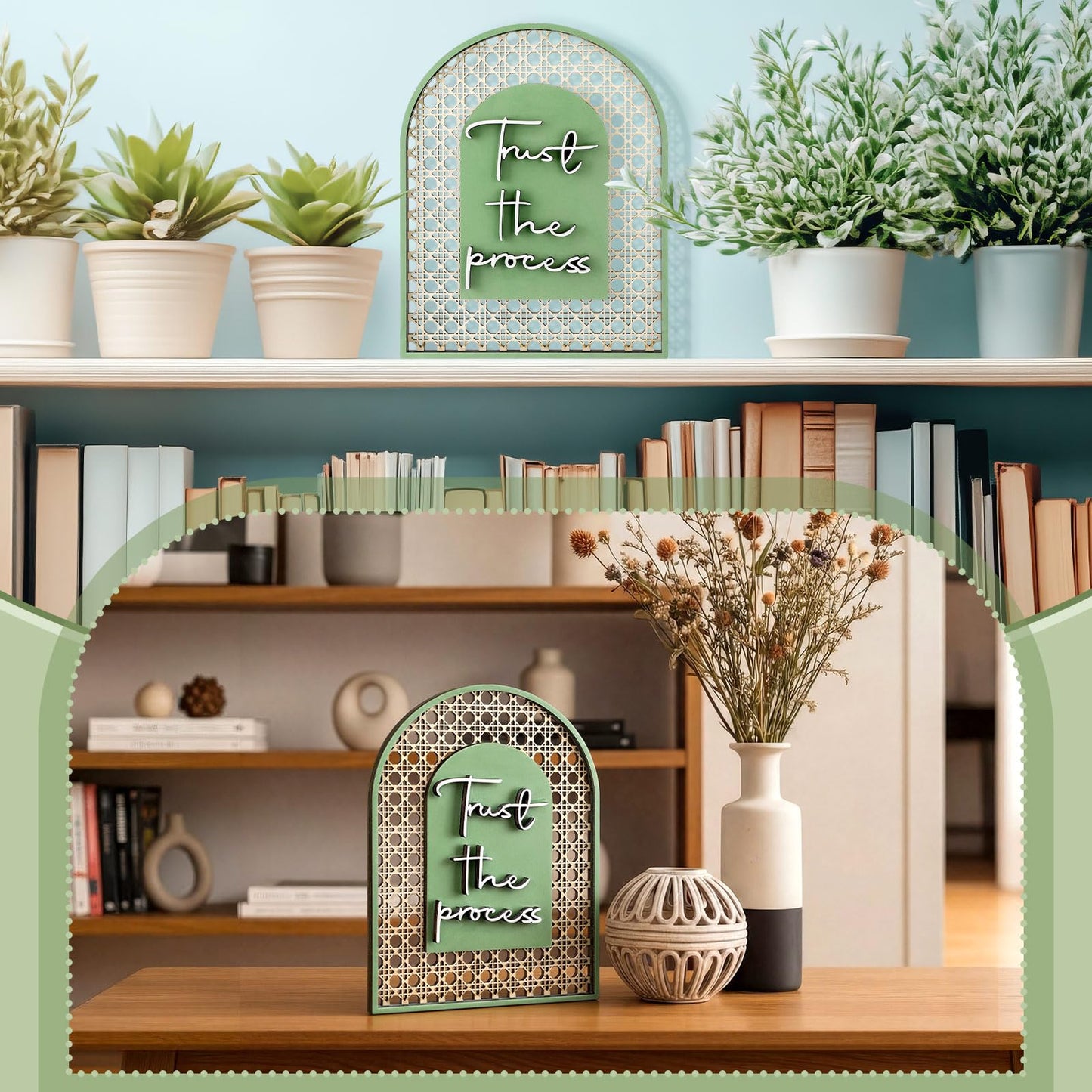 Honoson Boho Shelf Decor Trust The Process Wooden Standing Sign Inspirational Hollow Arched Table Decoration Sage Green Natural Wood Tabletop Decoration for Home Office Bedroom Living Room Shelf Decor