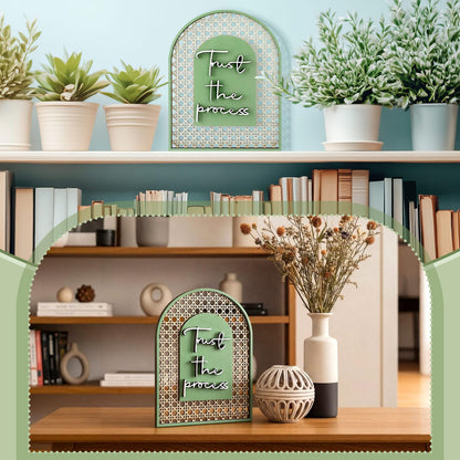 Honoson Boho Shelf Decor Trust The Process Wooden Standing Sign Inspirational Hollow Arched Table Decoration Sage Green Natural Wood Tabletop Decoration for Home Office Bedroom Living Room Shelf Decor
