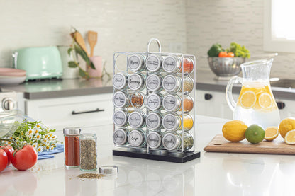 Orii 20 Jar Spice Rack Stainless Steel with Spices Included - Standing Rack Shelf Holder & Countertop Spice Rack Tower Organizer for Kitchen Spices with Spice Refills for 5 Years