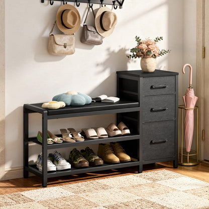 YATINEY 12-Tier Tall Shoe Rack and Entryway Bench with Shoe Storage, 3-Tier Shoe Rack Bench with Wooden Shelves and 3 Non-Woven Drawers, PU Padded Shoe Storage Bench SS212BR-HX07BB