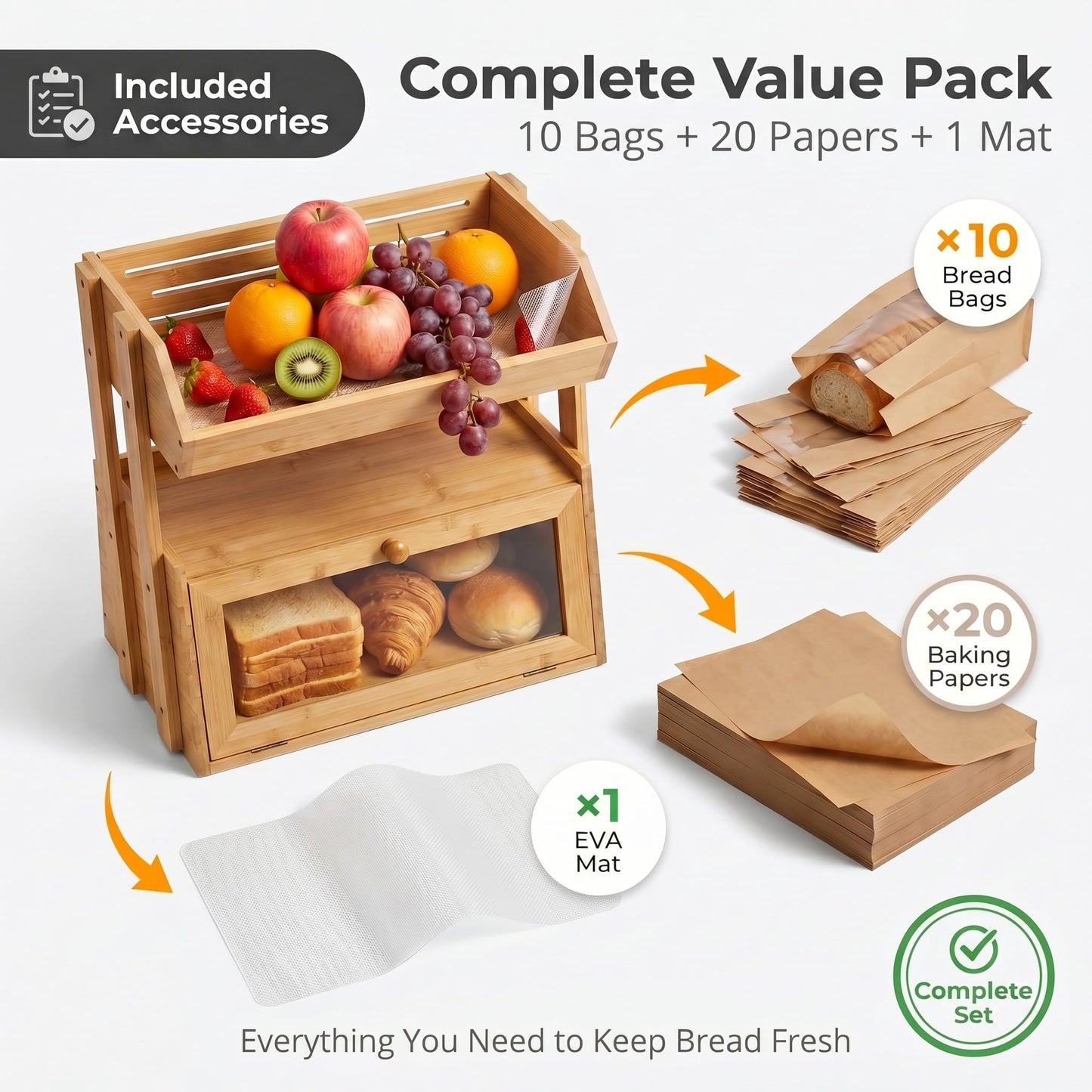 YanKiTour Bamboo Bread Box for Kitchen Countertop, 2 Tier Large Storage with Fruit Basket Top and Window, Farmhouse Organizer for Snacks & Vegetables