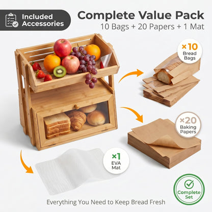YanKiTour Bamboo Bread Box for Kitchen Countertop, 2 Tier Large Storage with Fruit Basket Top and Window, Farmhouse Organizer for Snacks & Vegetables