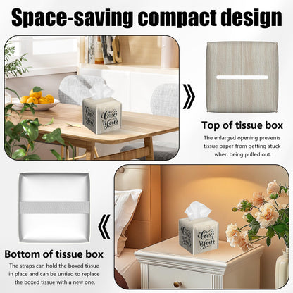 2 Pack Love You Tissue Box Cover Square Wooden Board Texture PU Leather Tissue Box Holder Waterproof Facial Paper Organizer Dispenser for Bathroom Kitchen Home Office Car