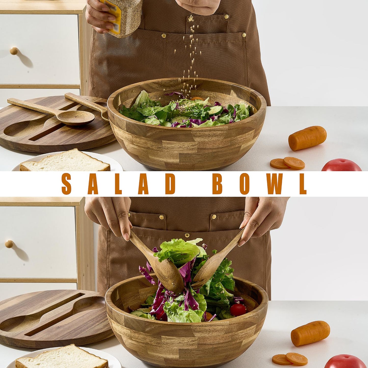 ECWAY Acacia Wooden Salad Bowl with Lid, Built-in Acacia Wood Utensils, 10.5" Large Wood Serving Bowls for Fruits, Salad, and Vegetables, Big Wood Salad Bowls Set 4-Piece, All-in-One Design