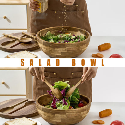 ECWAY Acacia Wooden Salad Bowl with Lid, Built-in Acacia Wood Utensils, 10.5" Large Wood Serving Bowls for Fruits, Salad, and Vegetables, Big Wood Salad Bowls Set 4-Piece, All-in-One Design