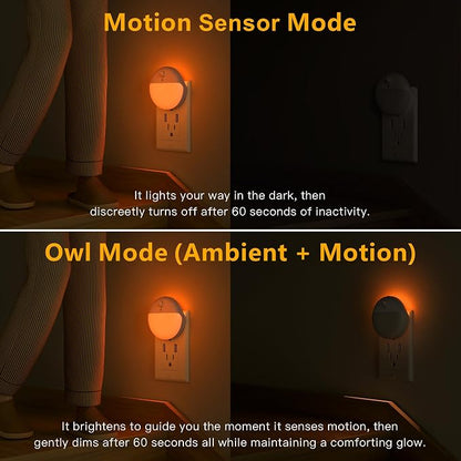 YUNLEX 2 Pack Plug in Sleep Night Light with Motion Sensor and Dusk to Dawn Sensor, 3 Modes, Soft Glow, Stepless Dimming, LED Lights for Bedroom, Sleep, Baby Nursery, Kids, Toddler, Home Decor (Amber)