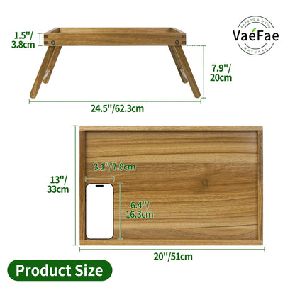 VaeFae Acacia Bed Table Tray, Wooden Breakfast Tray with Folding Legs, Bed Tray for Eating and Laptop, Eating Trays for Bedroom (Large Size)