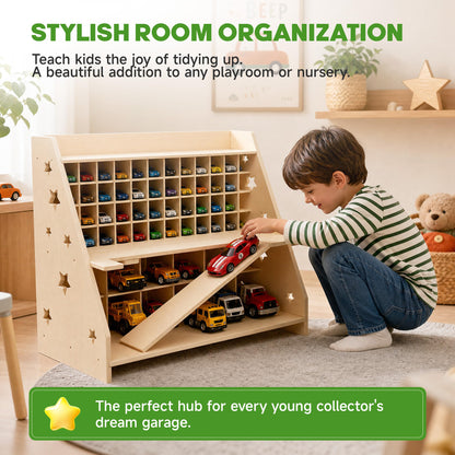 Essenhome Wooden Toy Car Garage Storage Organizer - 70+ Car Display Shelf with Foldable Racing Ramp, Dual-Layer Storage for Large Trucks & Small Cars, High-Density Plywood Nursery Furniture for Kids