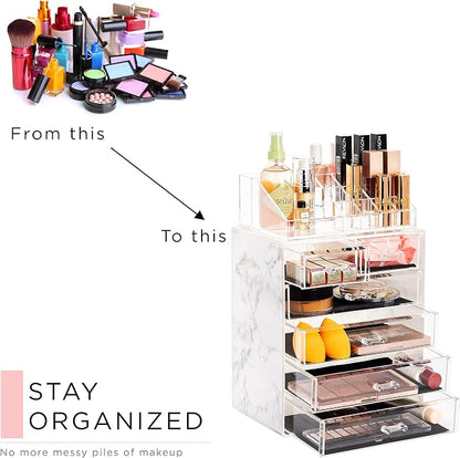 Sorbus Acrylic Makeup Organizer Set, 6-Drawer Vanity & Countertop Cosmetic Storage with Small & Wide Compartments, Marble Print Makeup Storage for Brushes, Jewelry – Holiday Gift for Women & Teens