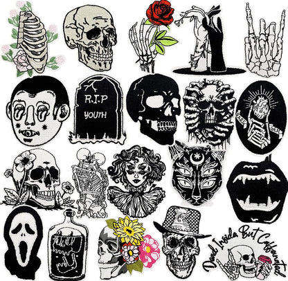20 PCS Goth Iron On Patches Gothic Punk Cool Skull Rose Sew On Applique Embroidered Patches for Backpacks Pants Clothes Jeans Vests DIY Decoration Bags Hat Jackets Coat Uniforms Dress
