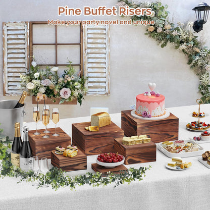 MUNNAR 6 PCS Wooden Buffet Risers, Wood Display Risers for Food, Wooden Square Risers Display Stands, Food Risers for Buffet Table (10", 9" , 8", 7", 6", 5") with 67" Faux Greenery Vine