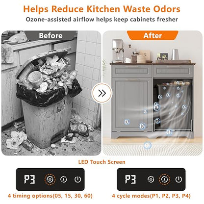 Double 10 Gallon Tilt Out Trash Can Cabinet with Deodorizing Function, Wooden Hidden Garbage Can Holder with Storage Drawers for Kitchen and Dining Room, Laundry Hamper Cabinet for Bathroom, Grey