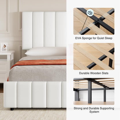 Queen Size Bed Frame with Upholstered Headboard, Queen Platform Bed with 4 Storage Drawers, Wooden Slats Support & Adjustable Headboard, No Box Spring Needed, Noise Free, Easy to Assemble, White