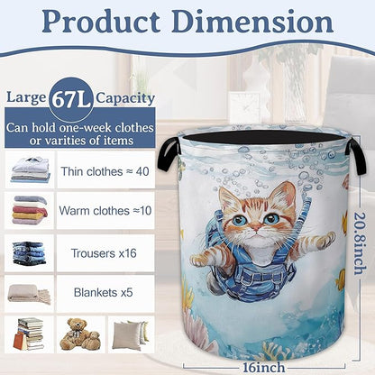 Cute Cat Laundry Basket, Foldable Oxford Cloth Sea Turtle Fish Coral Laundry