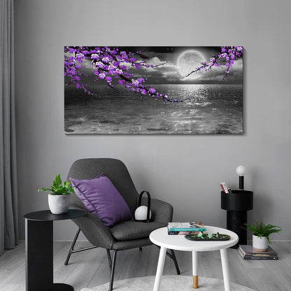 Large Purple Wall Art Decor for Living Room Bedroom Framed Black and White Seascape Full Moon Purple Flower Painting Canvas Picture Modern Hand-Painted Plum Blossom Artwork for Home Office