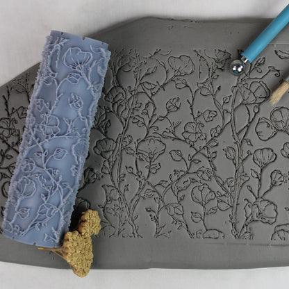 Twining Bloom Vines Clay Texture Roller (4") - Seamless Meadow Set #01 - Embossing Pattern Roller for Polymer & Ceramic Clay, Pottery & Crafts