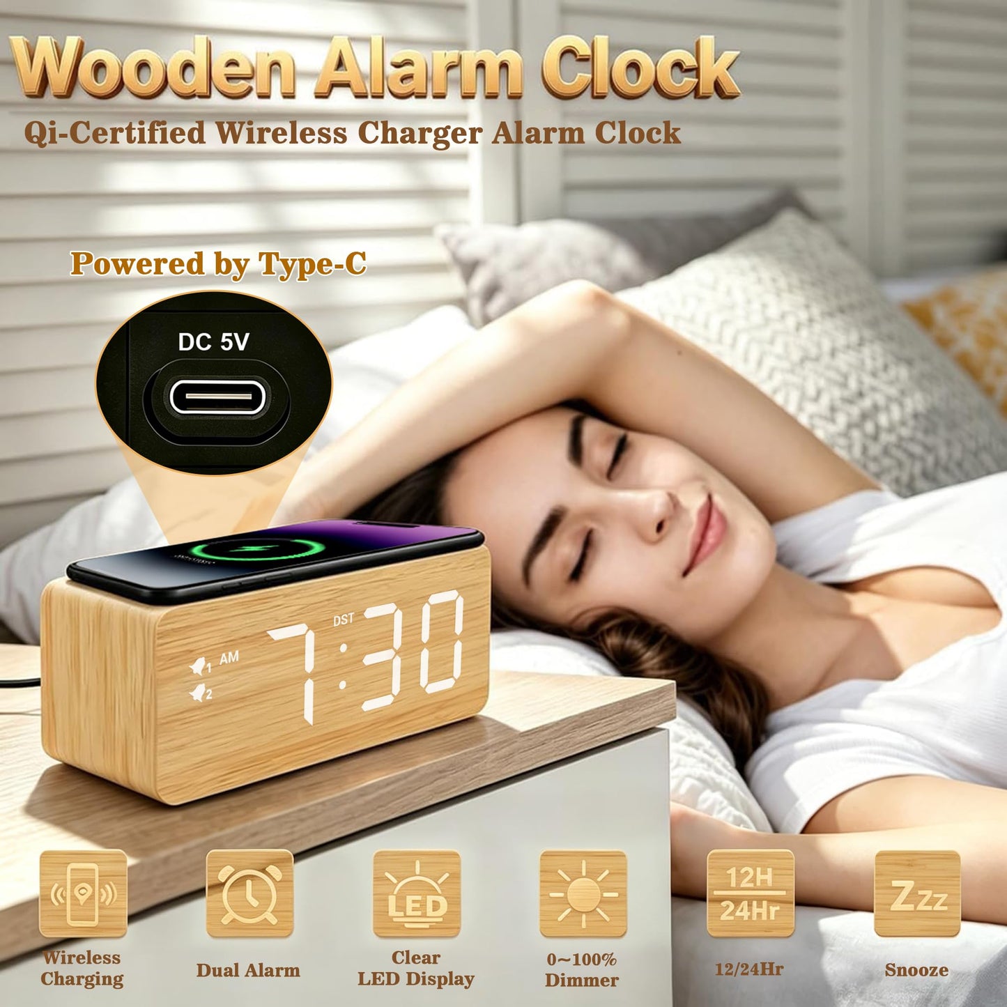 URAYCO Wood Digital Alarm Clock with 10W Fast Wireless Charger, USB Charging Ports, DST, Dimmable, Snooze, Large Number LED Display for Bedrooms, Desk, Living Room Table, Bedside, Nightstand (Bamboo)