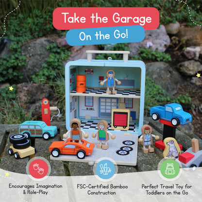 Jack Rabbit Creations Auto Garage Suitcase Playset, Portable Carry Case Style, Multicolor, 16 Eco-Friendly Wooden Figures, Mechanics, Cars & Car Lifts, Gas Pump, Oil Can, Tires, Travel Toy, Ages 3+