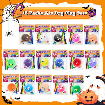 NAXYAN 16 Packs Halloween Party Favors DIY Halloween Monster Air Dry Clay Crafts Kits for Kids Halloween Treats Non Candy Toys Gifts Bulk for Classroom