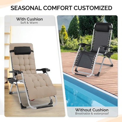 VINGLI Padded Zero Gravity Chair, Lounge Chair with Removable Cushion & Tray， Folding Reclining Patio Chairs， Recliner Chair for Lawn，Indoor Outdoor-Khaki