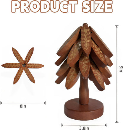 Wooden Trivets for Hot Dishes, Tree Shape Trivet Set, 4 Walnut Wood + 1 Stand stored Like a Christmas Tree,Foldable Kitchen Wooden Trivet,for Hot Dishes、Pot、Bowl、Teapot(Walnut Wood), Non-Slip Design